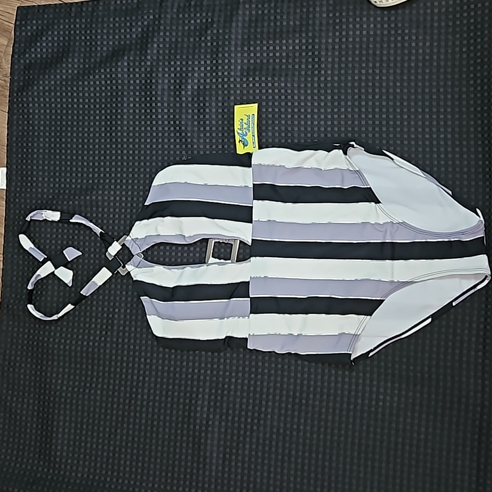 Heat, black, grey, & white,  striped,  one piece,  swimsuit,  size medium